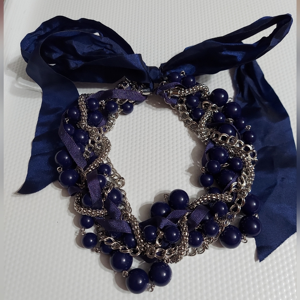 LOFT Silver Tone/Navy Blue Bead Bauble Necklace